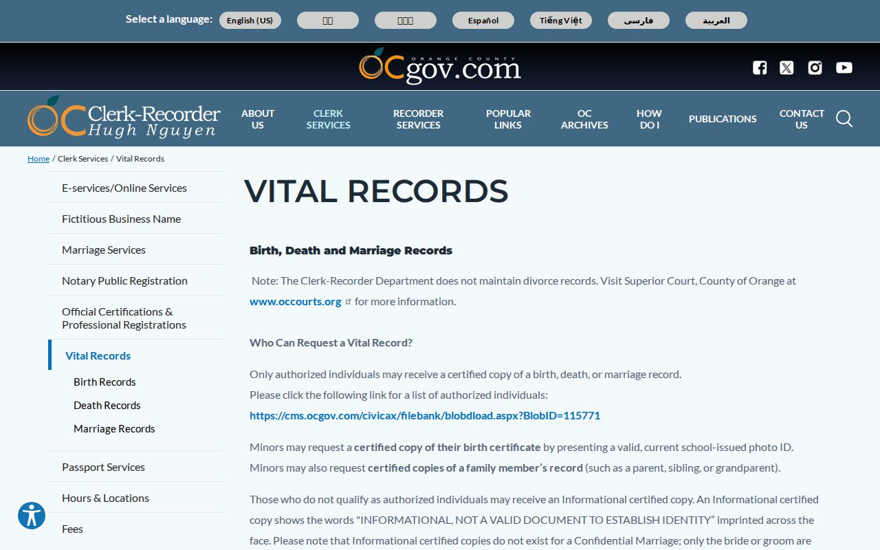 Laguna Beach previous residents vital records request